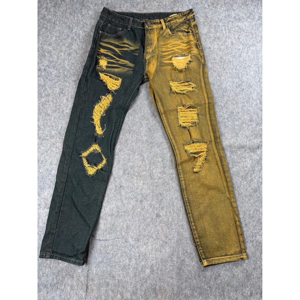 Unbranded Distressed Jeans Mens 32 Yellow Black Denim Split Two Tone Streetwear